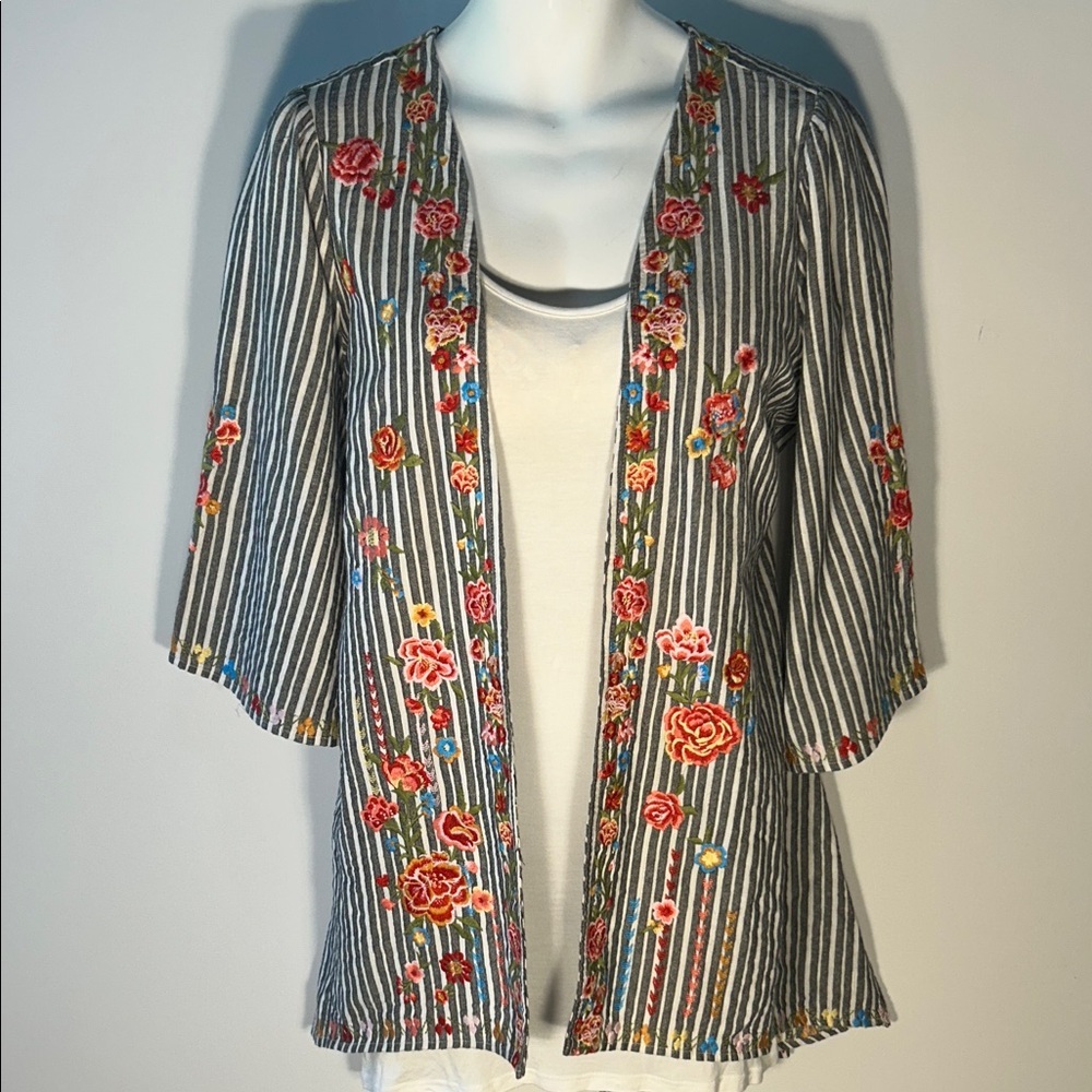 Savanna Jane SZL Linen Stripe Kimono Floral Embroidery Boho Cottage Western